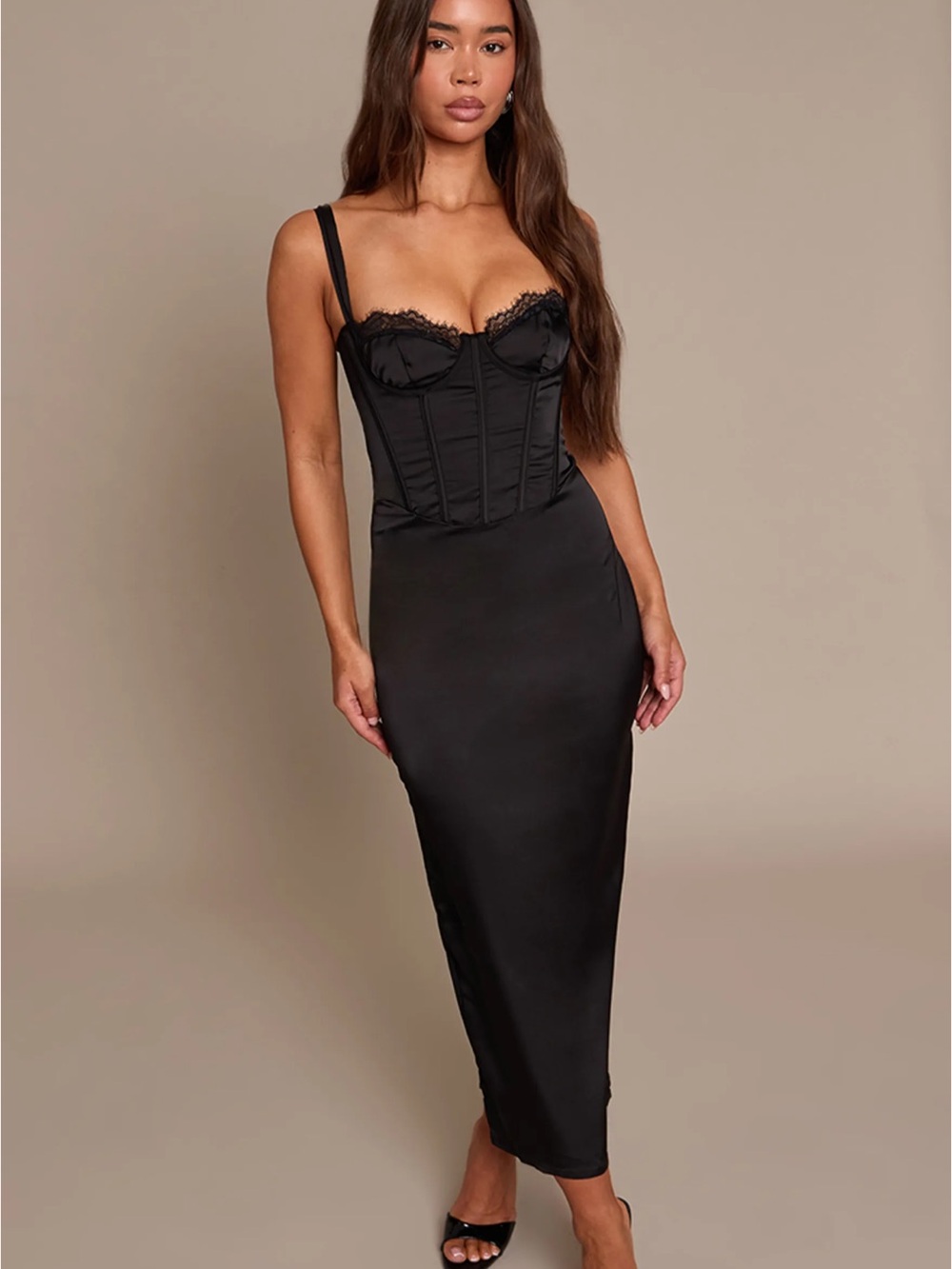 PrettyLittleThing Black Lace-Trim Corset Midi Dress